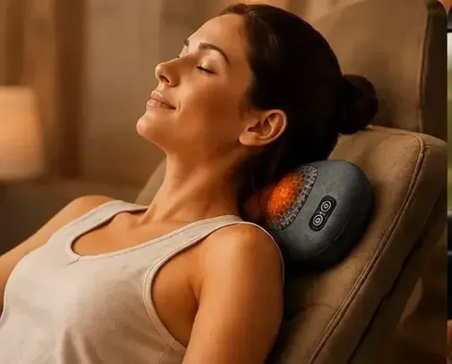 Woman relaxing in an armchair with Back Halo Max resting behind her neck