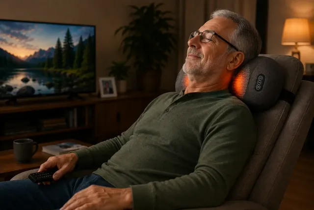 Man reclining in a chair using Back Halo Max behind his neck while watching TV